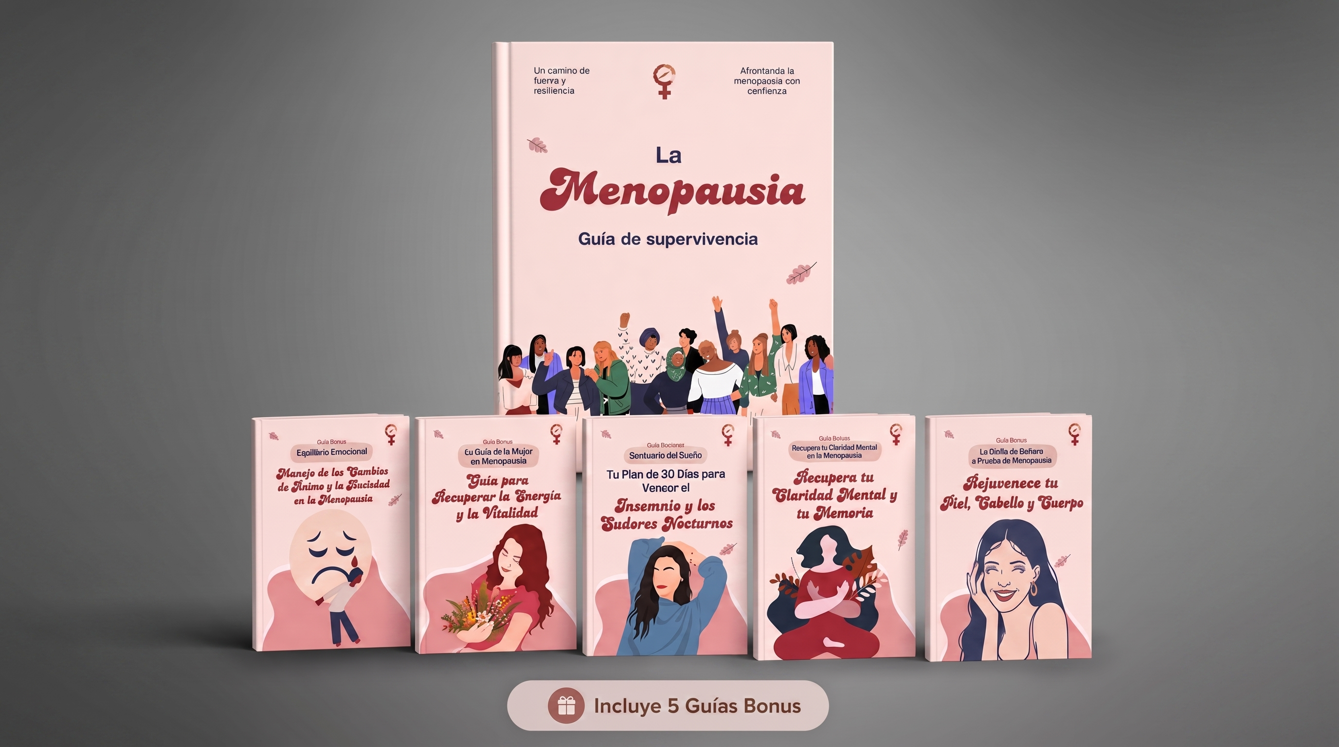 Portada y Pack de 5 Guías Bonus de La Menopausia: Guía Completa para Aliviar los Síntomas de Forma Natural